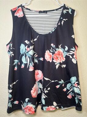 Emery Rose Plus SizeSleeveless Floral Tank Top Black with Coral Aqua Flowers 2XL